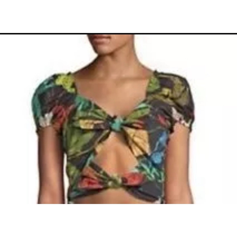 ANTHRO | DELFI COLLECTIVE | Tropical Crop Top Size Small Tie Front Puff Sleeves‎